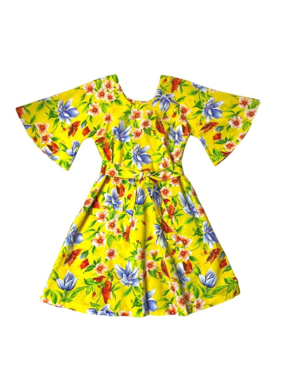 Vtg 80’s Two Potato Laguna Beach Floral Butterfly Yellow Dress Bell Sleeves Sz M